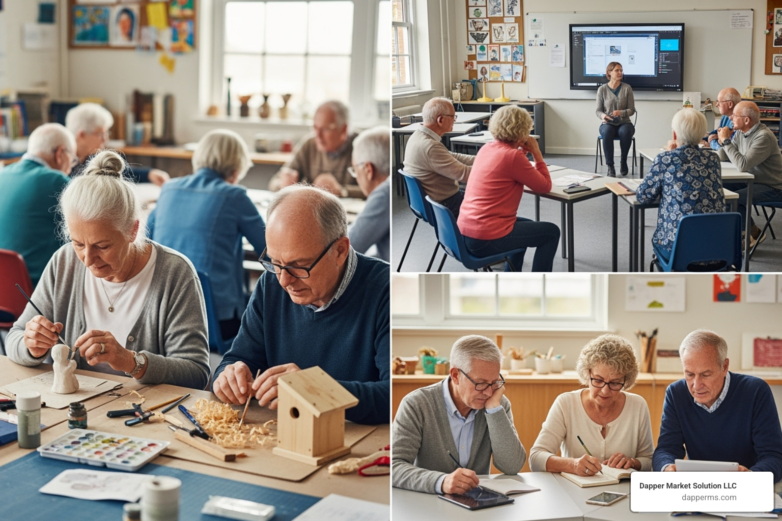 seniors in a classroom or workshop setting - senior living wellness