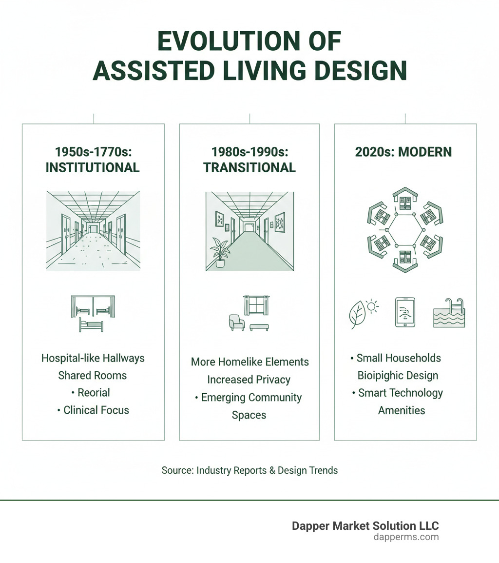 infographic showing the evolution of assisted living design from institutional nursing homes in the 1950s-70s with hospital-like hallways and shared rooms, to transitional models in the 1980s-90s with more homelike elements, to modern 2020s designs featuring small households, biophilic elements, smart technology, and resort-style amenities - assisted living design infographic infographic showing the evolution of assisted living design from institutional nursing homes in the 1950s-70s with hospital-like hallways and shared rooms, to transitional models in the 1980s-90s with more homelike elements, to modern 2020s designs featuring small households, biophilic elements, smart technology, and resort-style amenities - assisted living design infographic