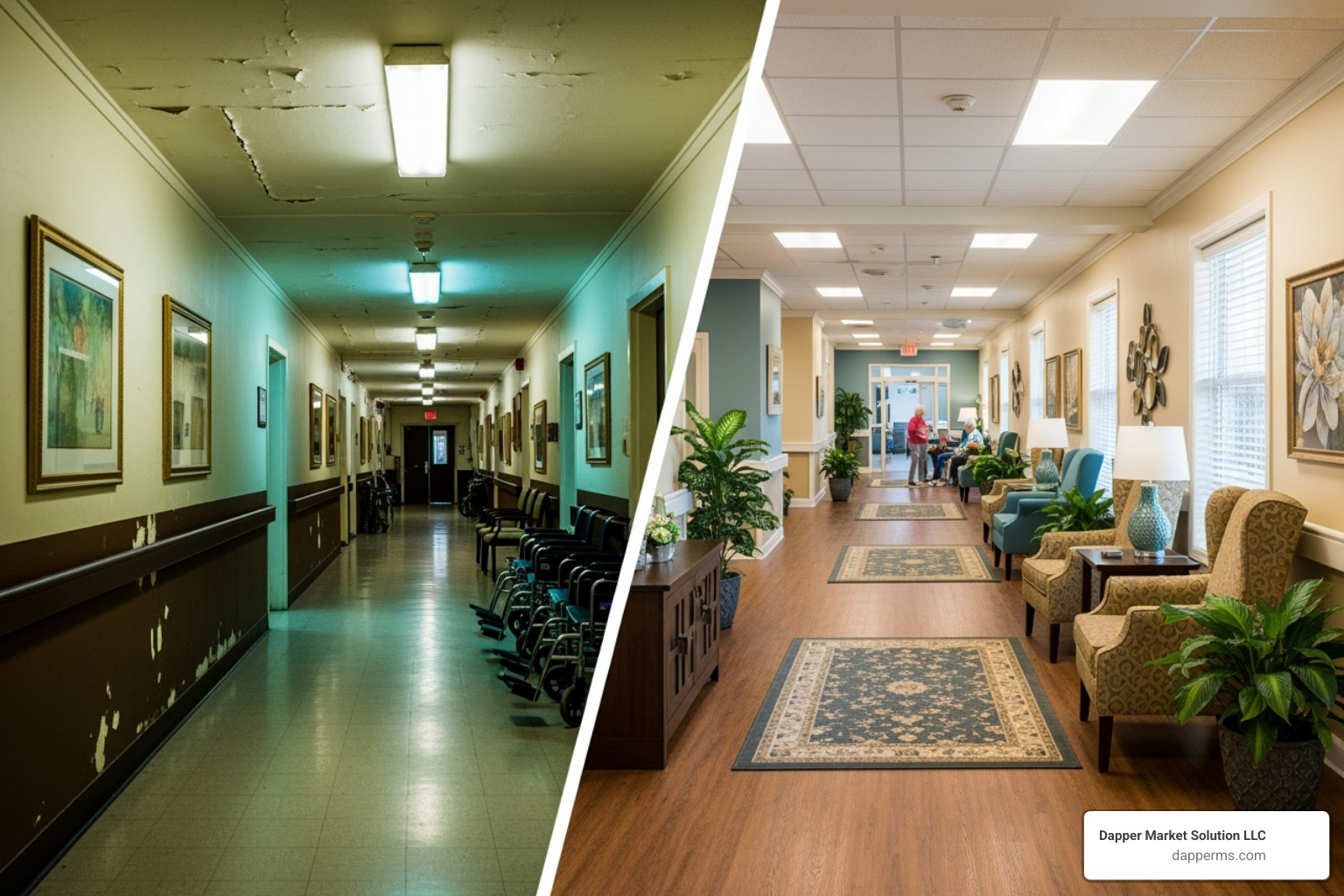 Stark old nursing home hallway contrasted with a modern, well-lit senior living corridor - assisted living design Stark old nursing home hallway contrasted with a modern, well-lit senior living corridor - assisted living design