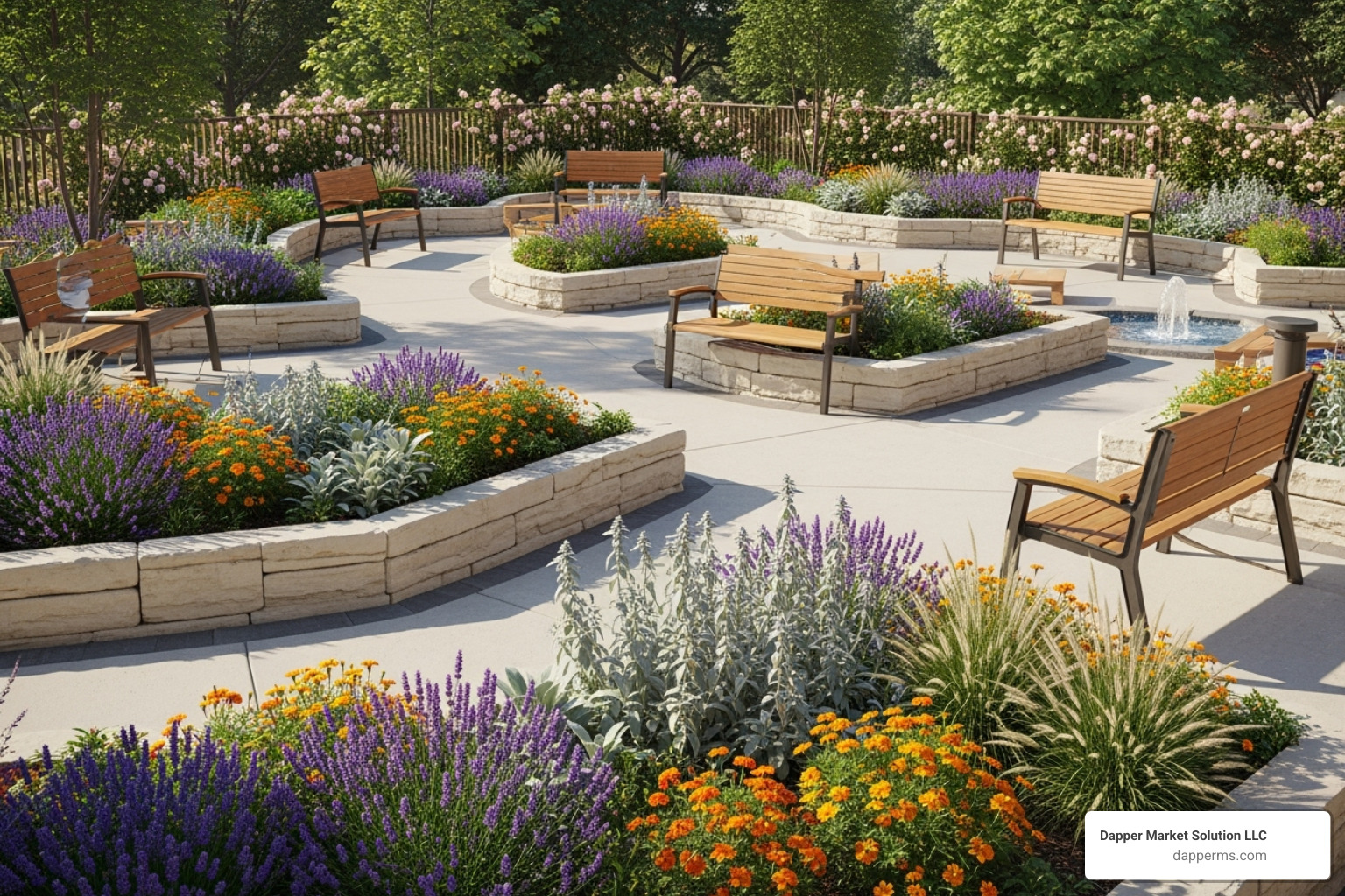 Beautiful, accessible therapeutic garden in a senior living community - assisted living design Beautiful, accessible therapeutic garden in a senior living community - assisted living design