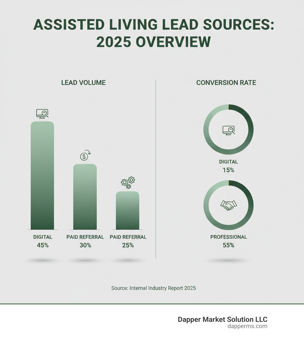 Infographic comparing different lead sources (e.g., Digital, Paid Referral, Professional) by volume and conversion rate - assisted living lead generation infographic 