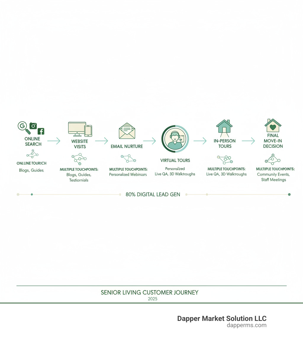 infographic showing the senior living customer journey from online search through google and social media to website visits email nurture virtual tours in-person tours and final move-in decision with multiple touchpoints between each stage - digital marketing for senior living communities infographic 