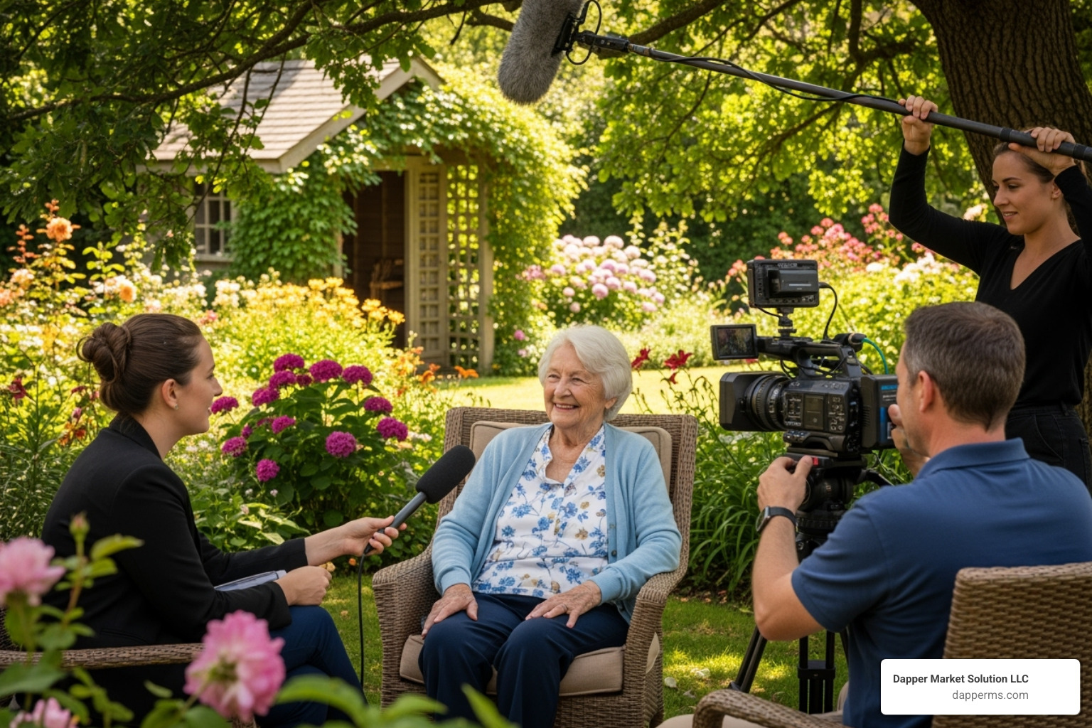 film crew interviewing a happy resident in a garden - digital marketing for senior living communities
