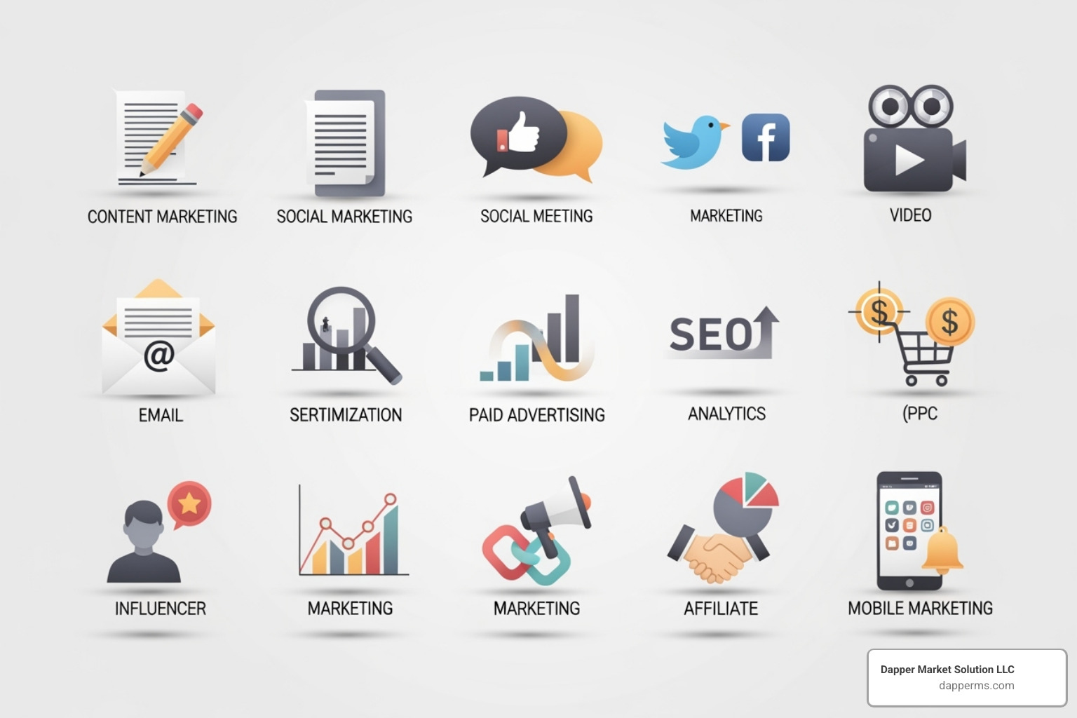 icons of various digital marketing channels like content social media and video - digital marketing for senior living communities
