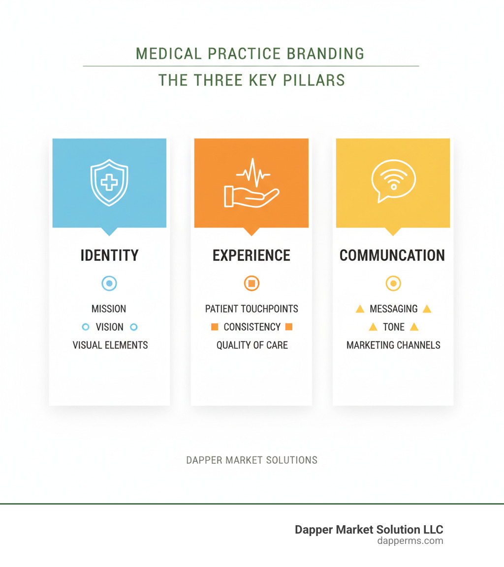 Infographic showing the three key pillars of medical practice branding: Identity (mission, vision, visual elements), Experience (patient touchpoints, consistency, quality of care), and Communication (messaging, tone, marketing channels) - Branding for medical practices infographic Infographic showing the three key pillars of medical practice branding: Identity (mission, vision, visual elements), Experience (patient touchpoints, consistency, quality of care), and Communication (messaging, tone, marketing channels) - Branding for medical practices infographic