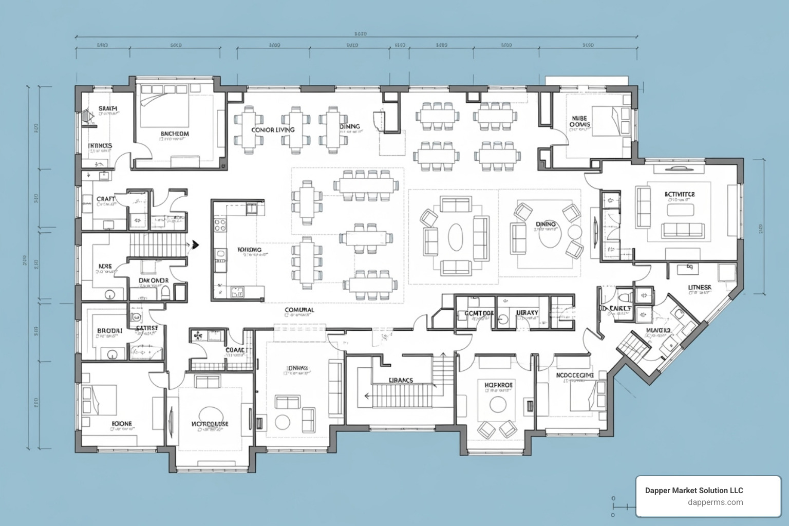 Architectural blueprint focusing on communal spaces in a senior living facility - assisted living design Architectural blueprint focusing on communal spaces in a senior living facility - assisted living design