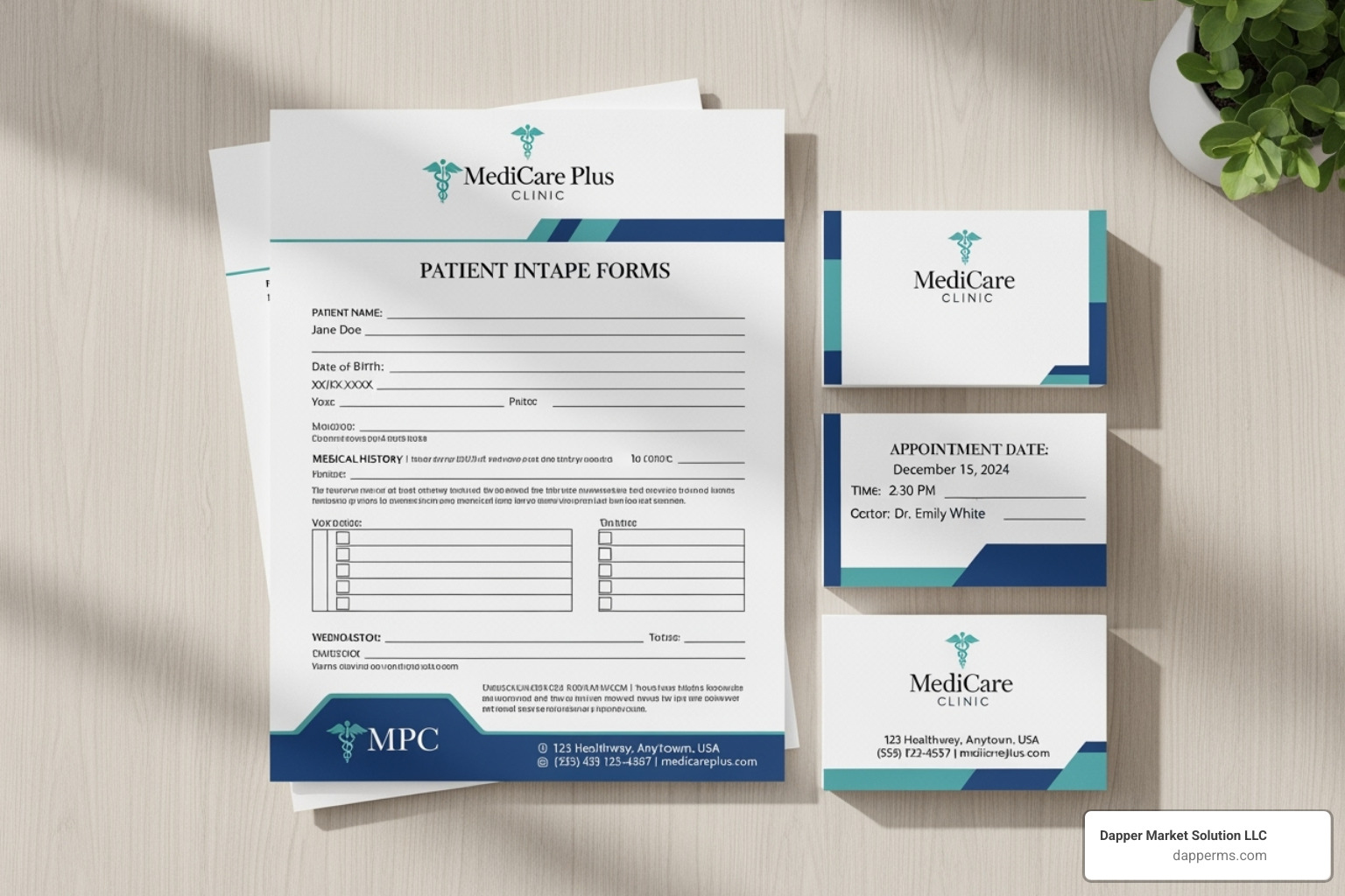 Branded patient intake forms and appointment reminder cards, showing consistent use of a medical practice's logo, colors, and typography. - Branding for medical practices Branded patient intake forms and appointment reminder cards, showing consistent use of a medical practice's logo, colors, and typography. - Branding for medical practices