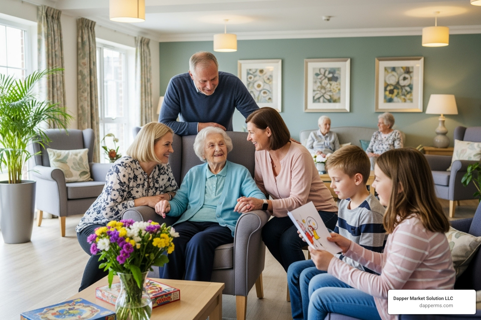 A family happily visiting a resident in a care home, suggesting a positive and trusting environment - seo for care homes