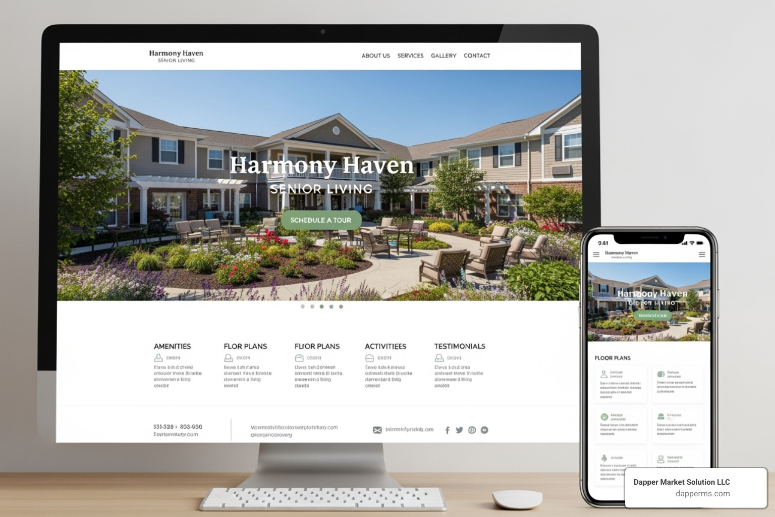 A clean, modern senior living website displayed on a desktop and mobile device, showcasing responsive design. - how to market senior living communities A clean, modern senior living website displayed on a desktop and mobile device, showcasing responsive design. - how to market senior living communities
