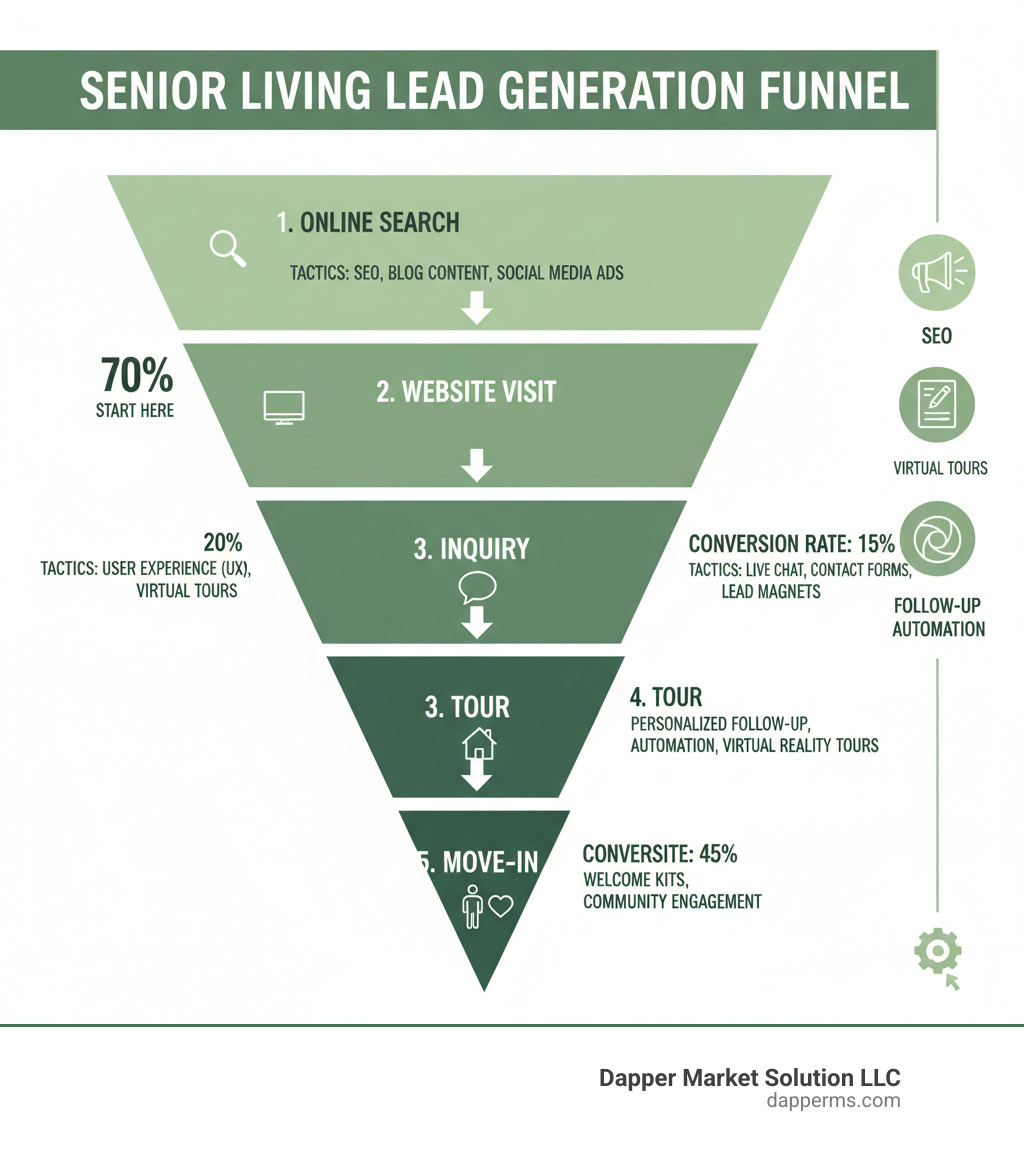infographic showing the senior living lead generation funnel from online search through website visit, inquiry, tour, and move-in, with conversion rates at each stage and key tactics like SEO, content marketing, virtual tours, and follow-up automation - senior living leads infographic 