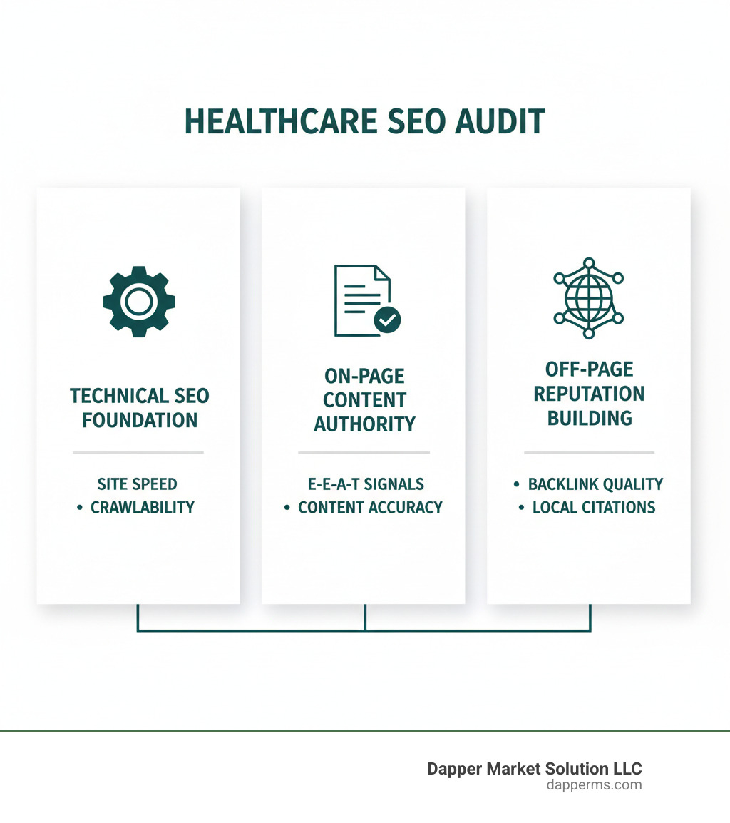 infographic showing three pillars: Technical SEO Foundation with gears icon, On-Page Content Authority with document icon, and Off-Page Reputation Building with network icon, each with key metrics like site speed, E-E-A-T signals, and backlink quality - healthcare SEO audit infographic 