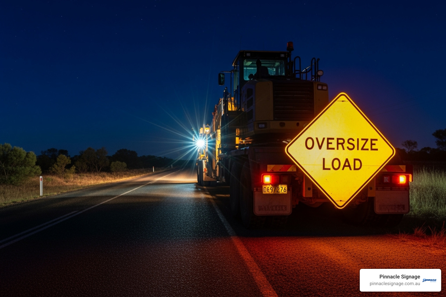 Reflective diamond construction vehicle sign reading Oversize Load clearly visible at night on the back of a large heavy haulage excavator on a dark Australian road.