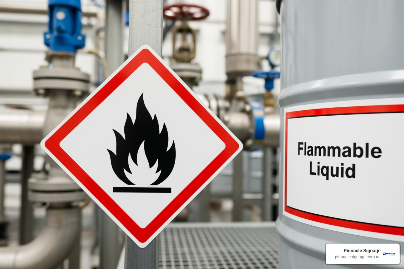 A chemical sign featuring the Flame pictogram next to a container clearly labelled as flammable liquid. - chemical signs A chemical sign featuring the Flame pictogram next to a container clearly labelled as flammable liquid. - chemical signs