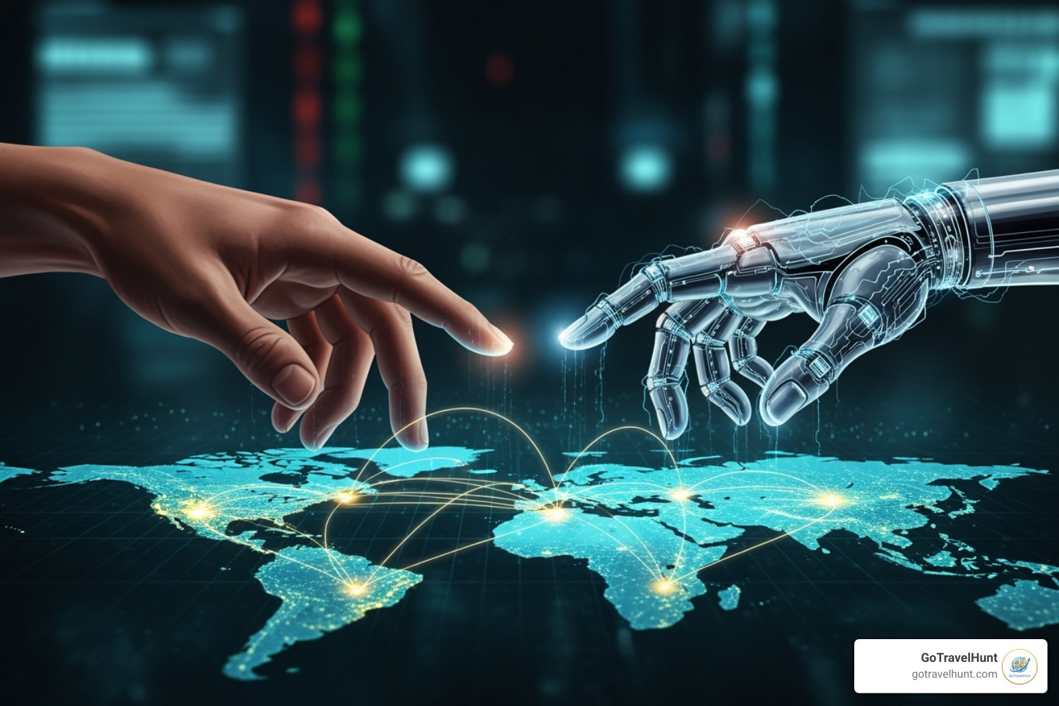 conceptual art showing AI and human collaboration in a travel context - ai tool for booking automation travel conceptual art showing AI and human collaboration in a travel context - ai tool for booking automation travel