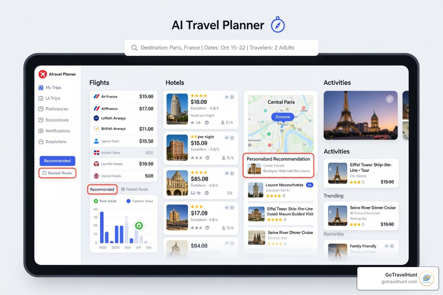 dashboard comparing AI-generated travel options - ai tool for booking automation travel dashboard comparing AI-generated travel options - ai tool for booking automation travel