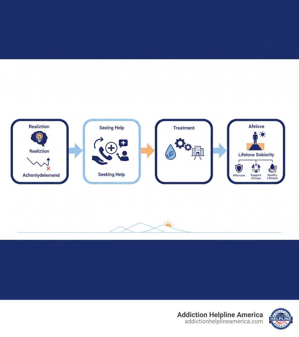 Infographic showing the 4-step path from addiction to recovery: Step 1 - Acknowledgment (recognizing the problem and its impact on your life), Step 2 - Seeking Help (reaching out to professionals and calling a helpline), Step 3 - Treatment (engaging in detox, therapy, and structured programs), Step 4 - Lifelong Sobriety (maintaining recovery through aftercare, support groups, and healthy lifestyle choices) - alcohol rehab arizona infographic 