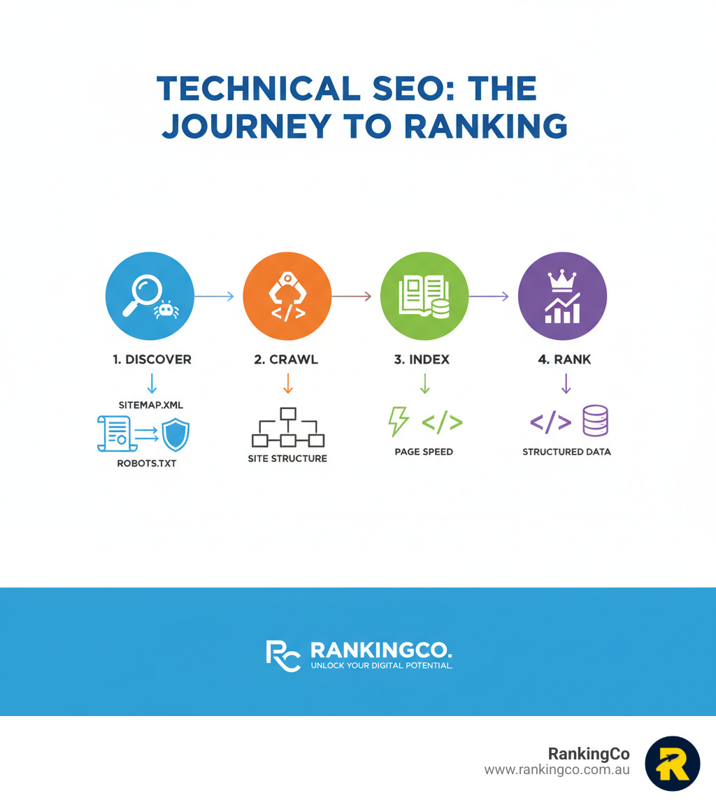 Infographic showing how search engines discover, crawl, index and rank websites through technical SEO elements like sitemaps, robots.txt, site structure, page speed and structured data - best technical seo strategies infographic 