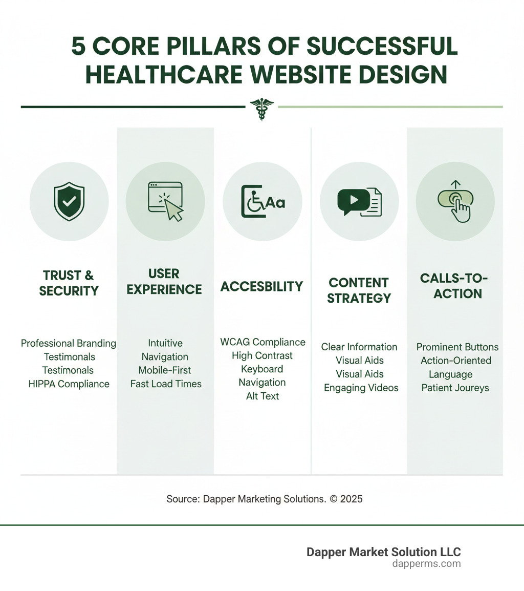 Infographic showing the 5 core pillars of successful healthcare website design: Trust and Security (professional branding, testimonials, HIPAA compliance), User Experience (intuitive navigation, mobile-first, fast load times), Accessibility (WCAG compliance, high contrast, keyboard navigation, alt text), Content Strategy (clear information, visual aids, engaging videos), and Calls-to-Action (prominent buttons, action-oriented language, clear patient journeys) - best healthcare website designs infographic Infographic showing the 5 core pillars of successful healthcare website design: Trust and Security (professional branding, testimonials, HIPAA compliance), User Experience (intuitive navigation, mobile-first, fast load times), Accessibility (WCAG compliance, high contrast, keyboard navigation, alt text), Content Strategy (clear information, visual aids, engaging videos), and Calls-to-Action (prominent buttons, action-oriented language, clear patient journeys) - best healthcare website designs infographic