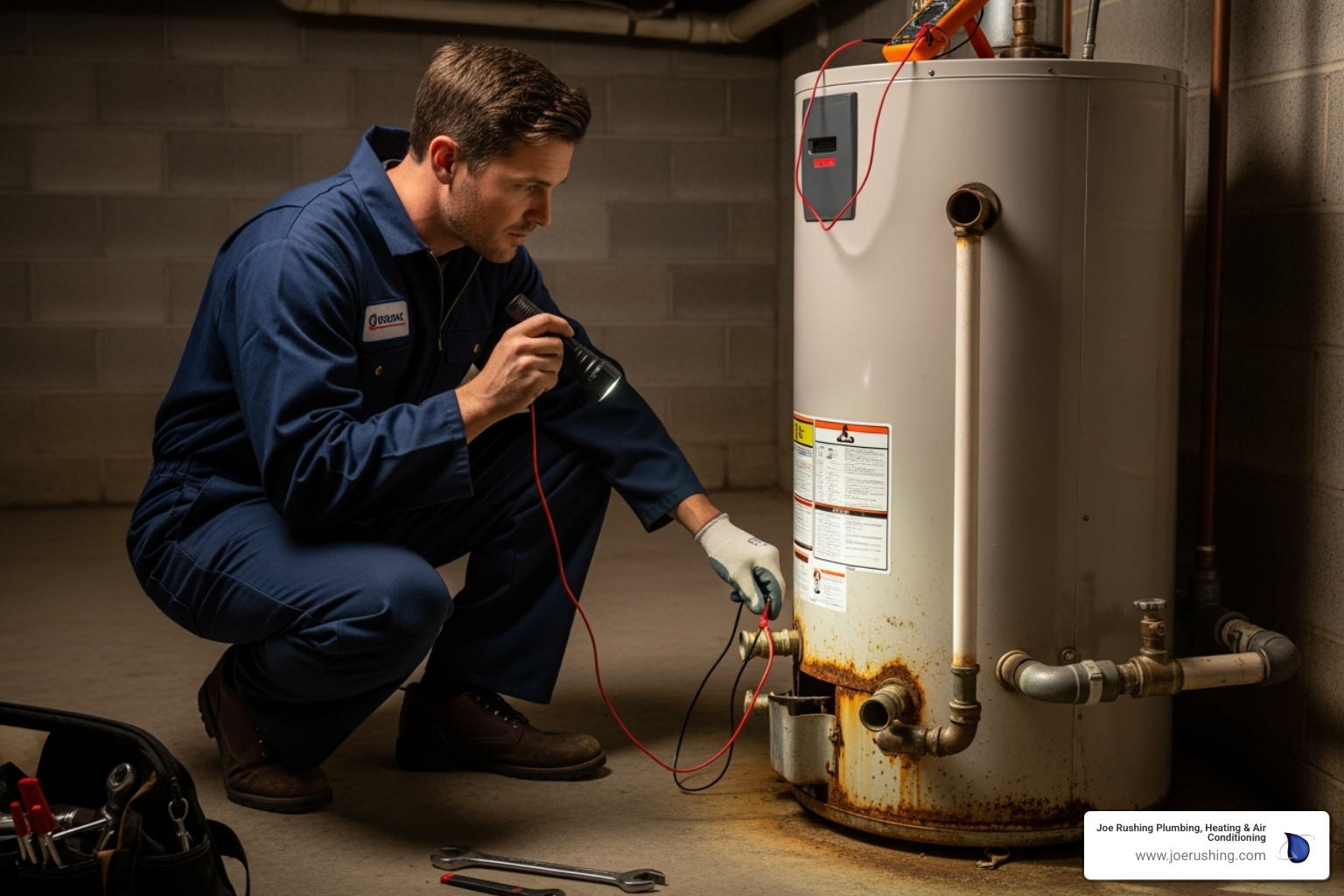 Technician inspecting an older, slightly rusted water heater - no hot water levelland tx Technician inspecting an older, slightly rusted water heater - no hot water levelland tx
