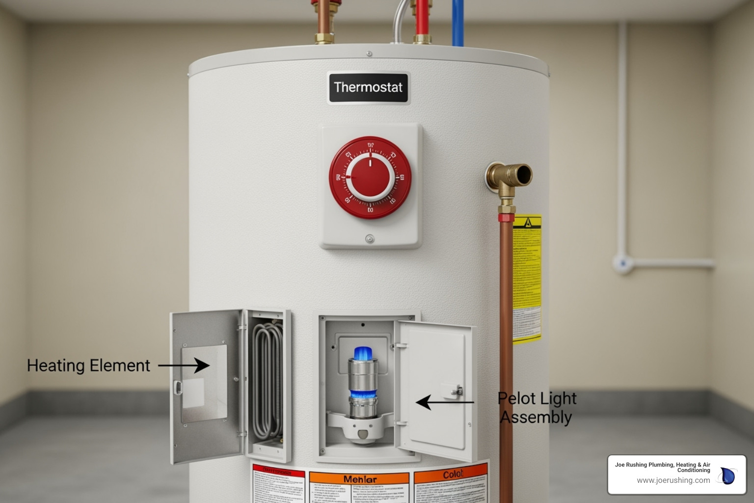 Water heater with callouts pointing to the thermostat, pilot light assembly, and heating element - no hot water levelland tx Water heater with callouts pointing to the thermostat, pilot light assembly, and heating element - no hot water levelland tx