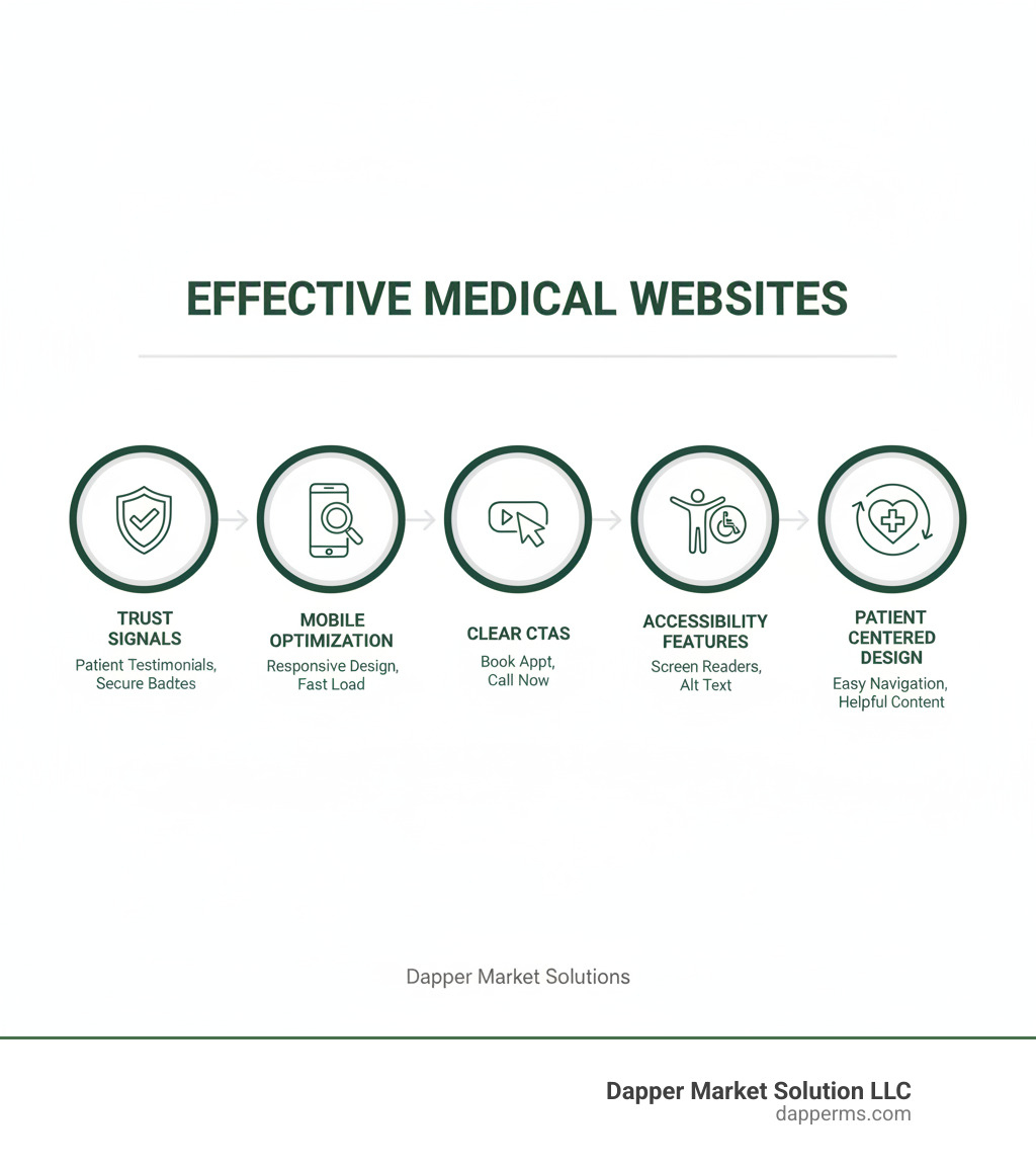 infographic showing key elements of effective medical websites including trust signals, mobile optimization, clear CTAs, accessibility features, and patient-centered design - Medical website design examples infographic infographic showing key elements of effective medical websites including trust signals, mobile optimization, clear CTAs, accessibility features, and patient-centered design - Medical website design examples infographic
