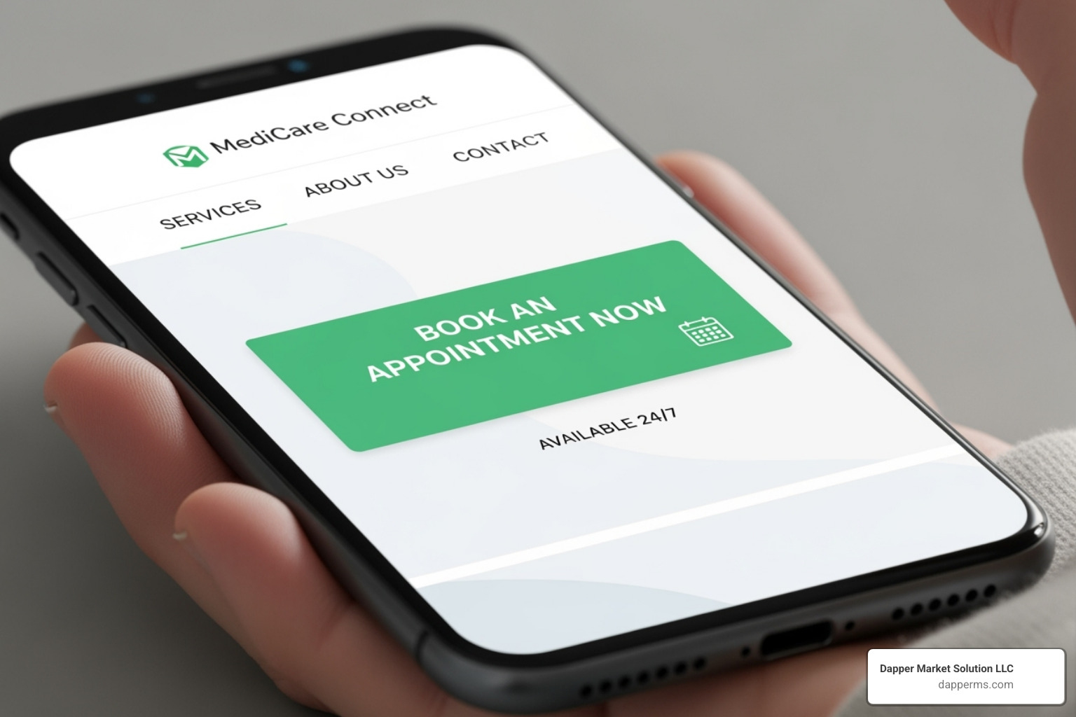 Clear 'Book Online' button on a mobile screen - Medical website design examples Clear 'Book Online' button on a mobile screen - Medical website design examples