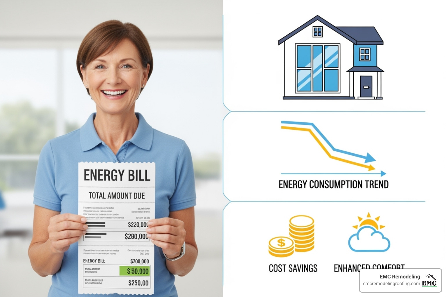 Homeowner smiling at a lower energy bill - energy star most efficient windows Homeowner smiling at a lower energy bill - energy star most efficient windows