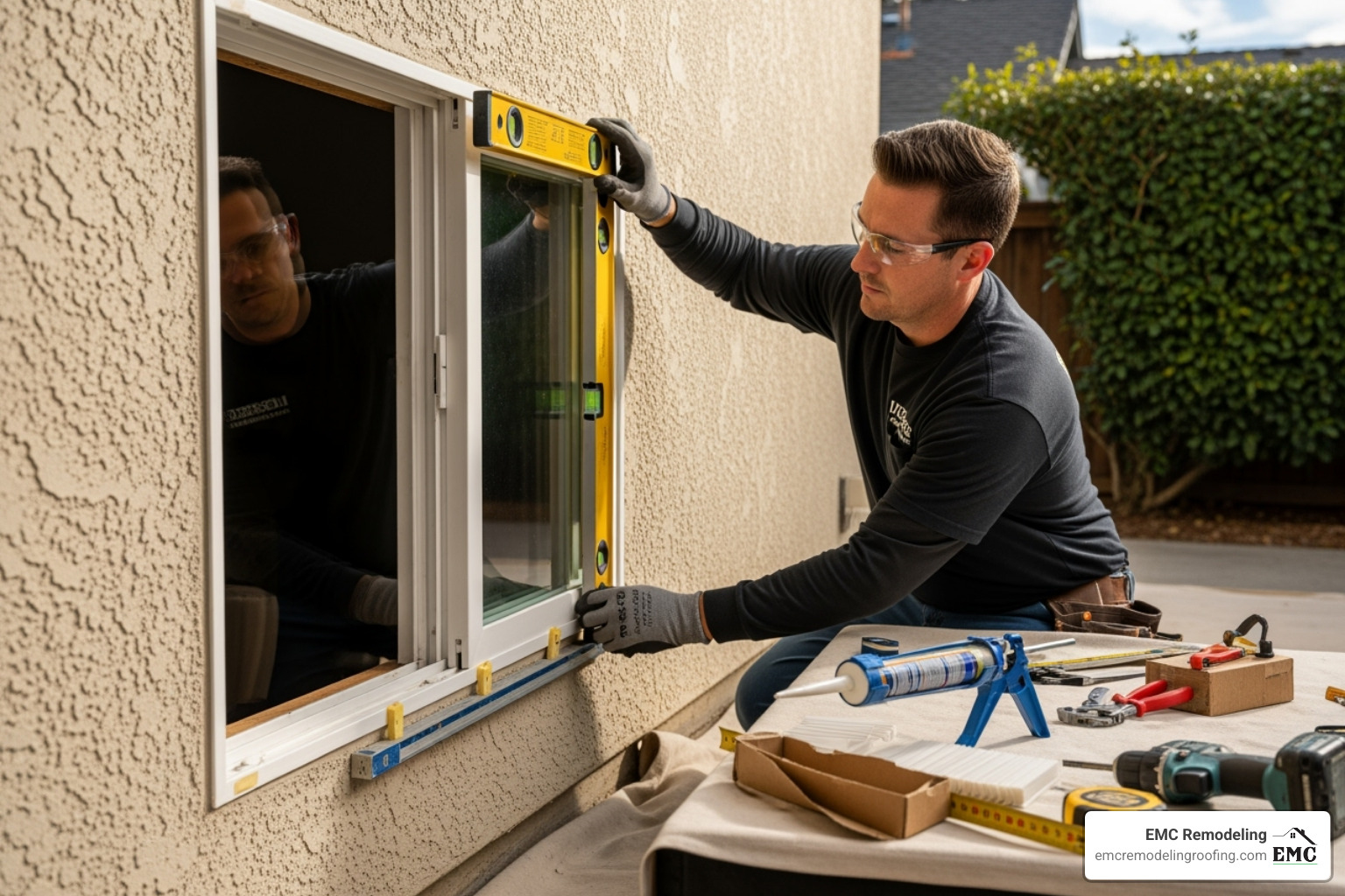 Certified technician professionally installing a window - energy star most efficient windows Certified technician professionally installing a window - energy star most efficient windows