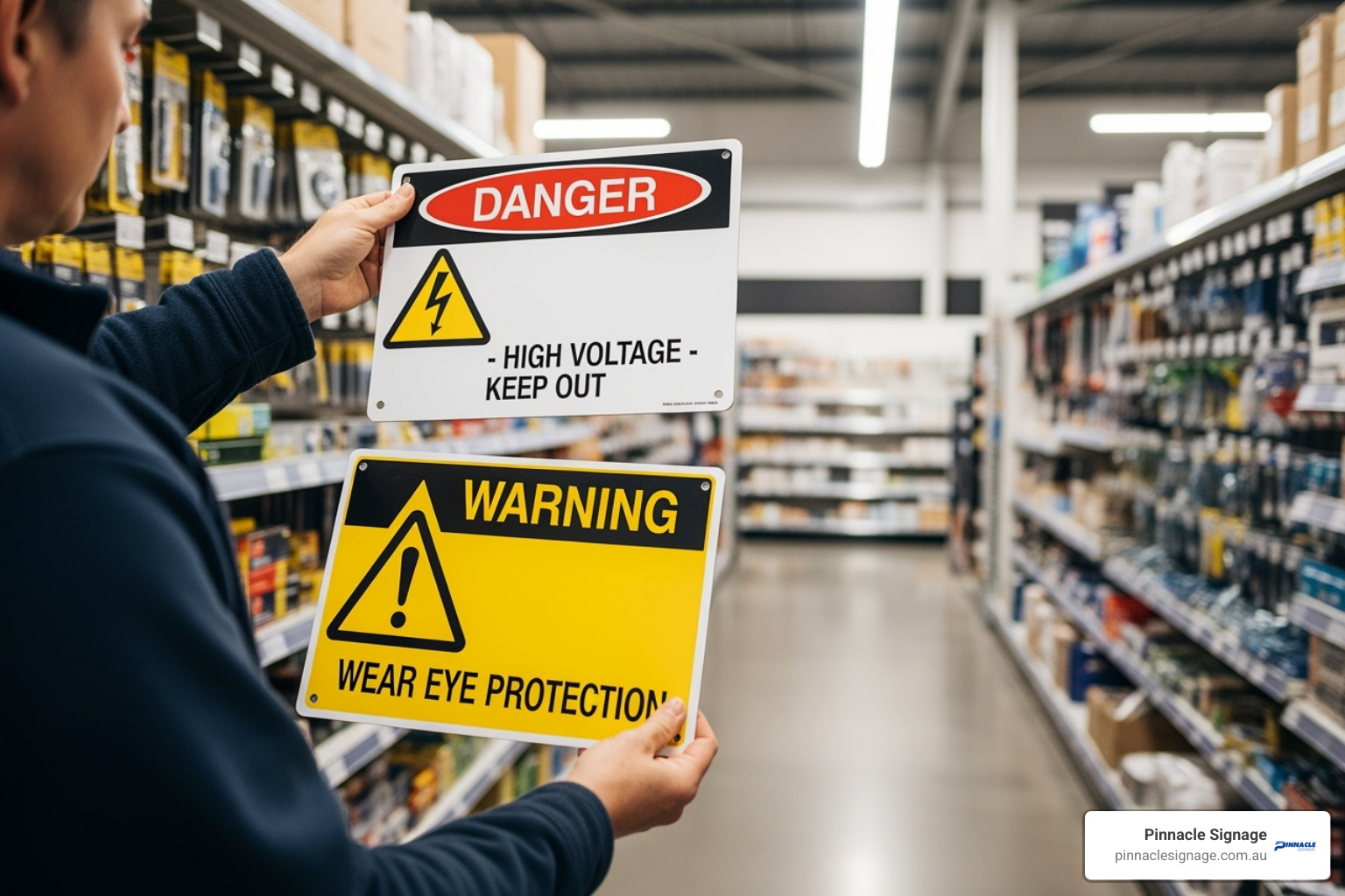 Comparing two essential Bunnings safety signs Danger High Voltage and Warning Wear Eye Protection for Australian industrial electrical zones.