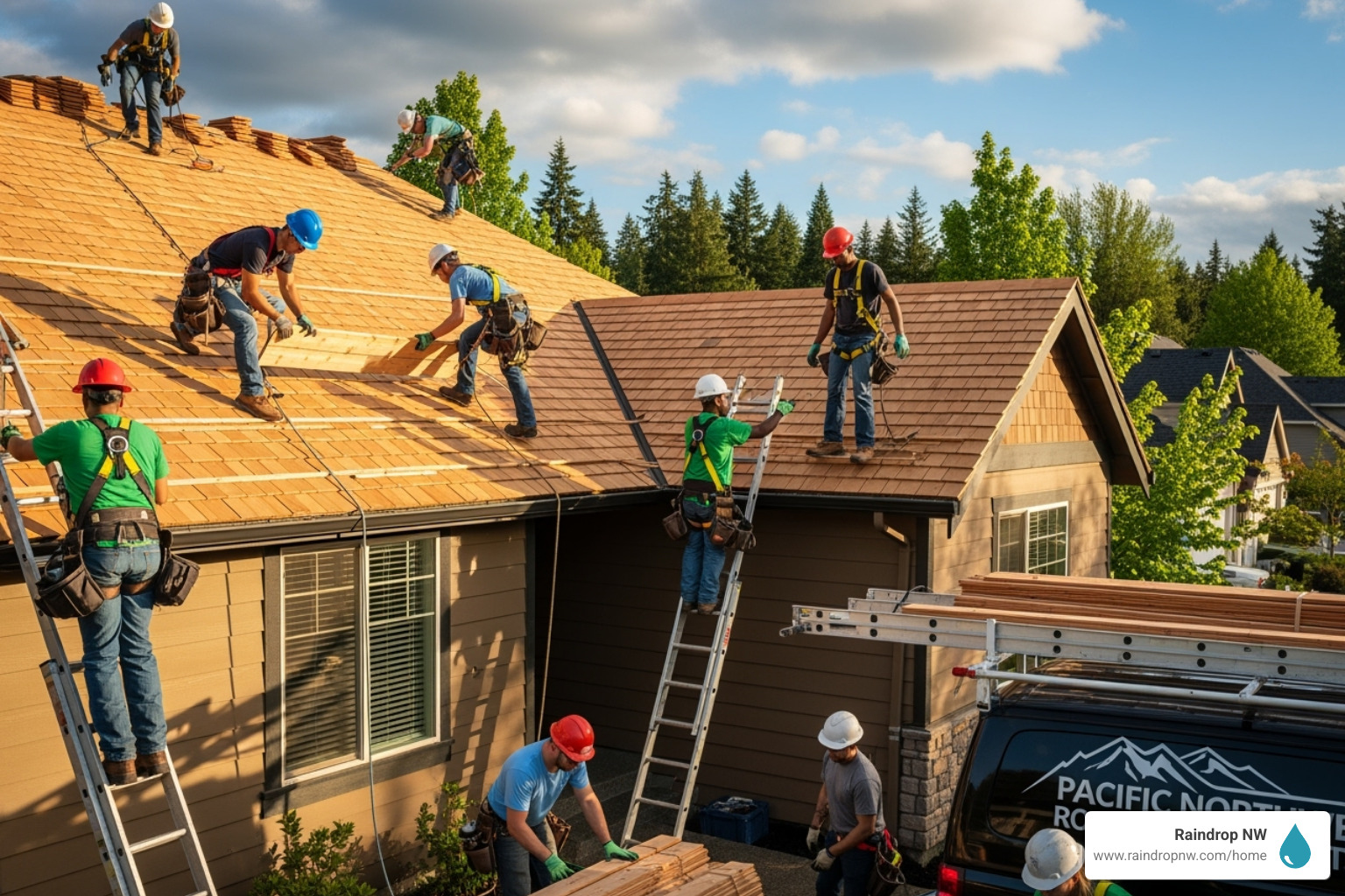roofing team working safely and efficiently on a residential roof - best cedar roofing company in raleigh hills or
