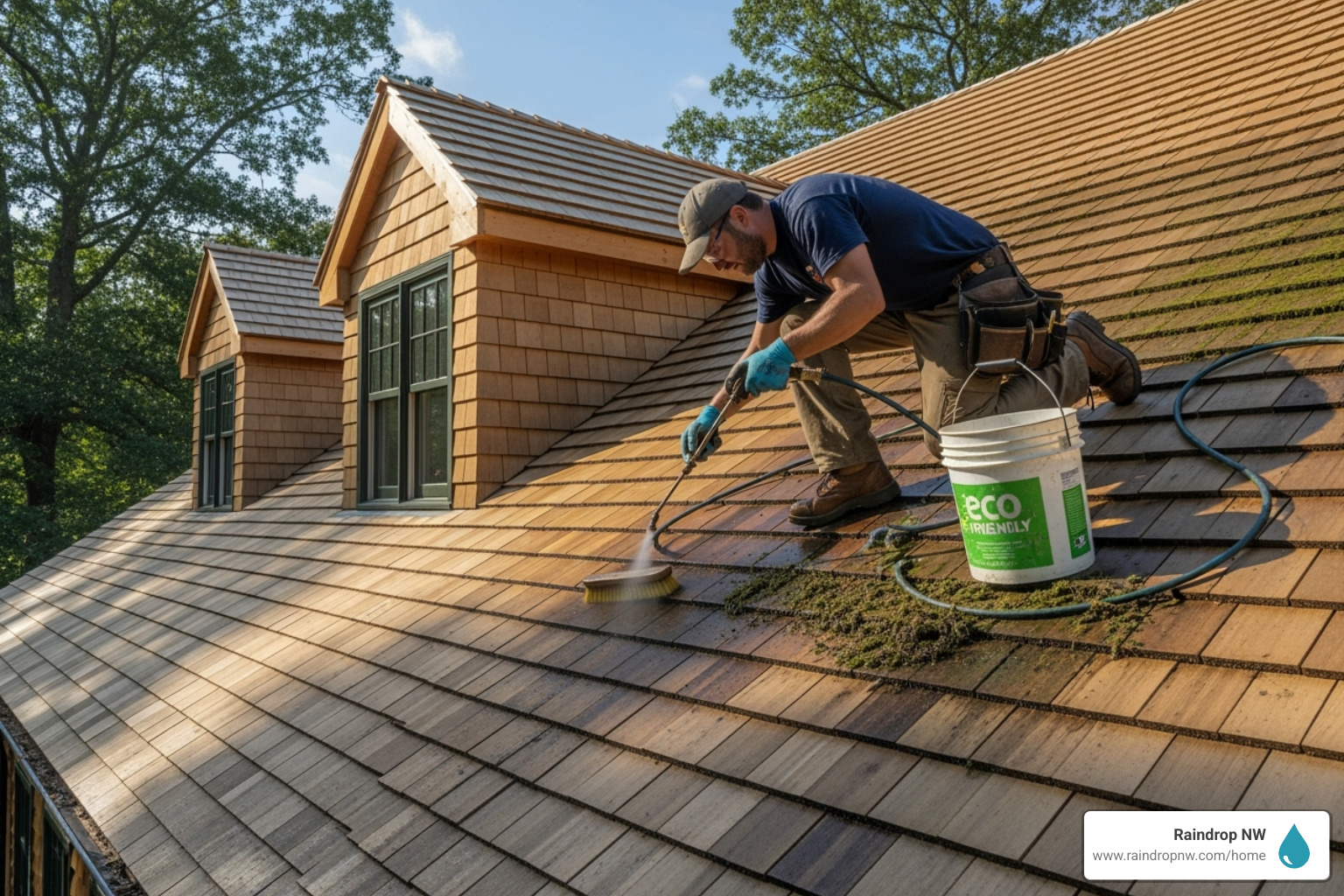 professional carefully cleaning a cedar roof - best cedar roofing company in raleigh hills or