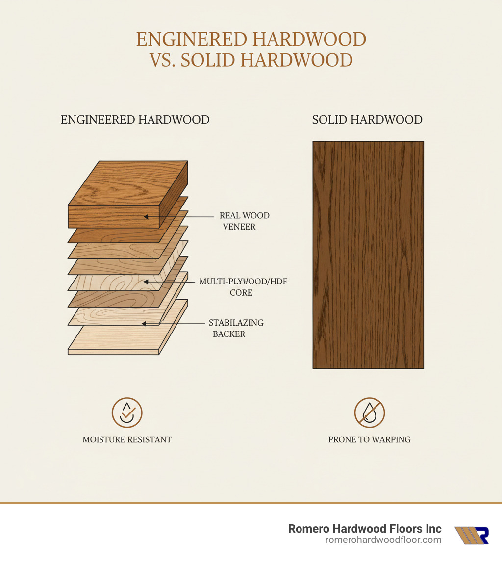 infographic showing the layered cross-section of engineered hardwood flooring with a solid hardwood wear layer on top, multiple plywood or HDF core layers in the middle with grain running in different directions, and a stabilizing bottom layer, compared side-by-side with a single-piece solid hardwood plank - engineered hardwood in bathroom infographic infographic showing the layered cross-section of engineered hardwood flooring with a solid hardwood wear layer on top, multiple plywood or HDF core layers in the middle with grain running in different directions, and a stabilizing bottom layer, compared side-by-side with a single-piece solid hardwood plank - engineered hardwood in bathroom infographic