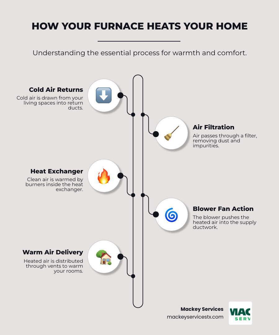 infographic showing the basic furnace heating process: cold air enters through return ducts, passes through air filter, gets heated by burners in heat exchanger, and warm air circulates through supply ducts to rooms in your home - no heat from furnace contractor pearland infographic infographic-line-5-steps-elegant_beige infographic showing the basic furnace heating process: cold air enters through return ducts, passes through air filter, gets heated by burners in heat exchanger, and warm air circulates through supply ducts to rooms in your home - no heat from furnace contractor pearland infographic infographic-line-5-steps-elegant_beige