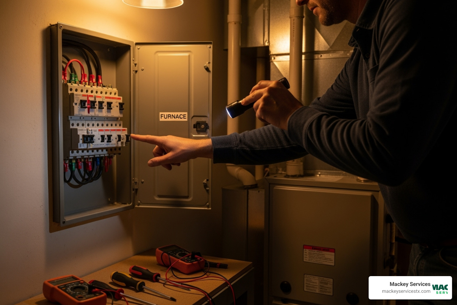 person checking a circuit breaker panel - no heat from furnace contractor pearland person checking a circuit breaker panel - no heat from furnace contractor pearland