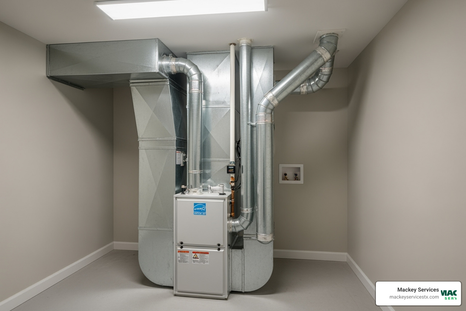 A sleek, modern Energy Star certified furnace with ductwork in a clean utility room - no heat from furnace repair texas city A sleek, modern Energy Star certified furnace with ductwork in a clean utility room - no heat from furnace repair texas city