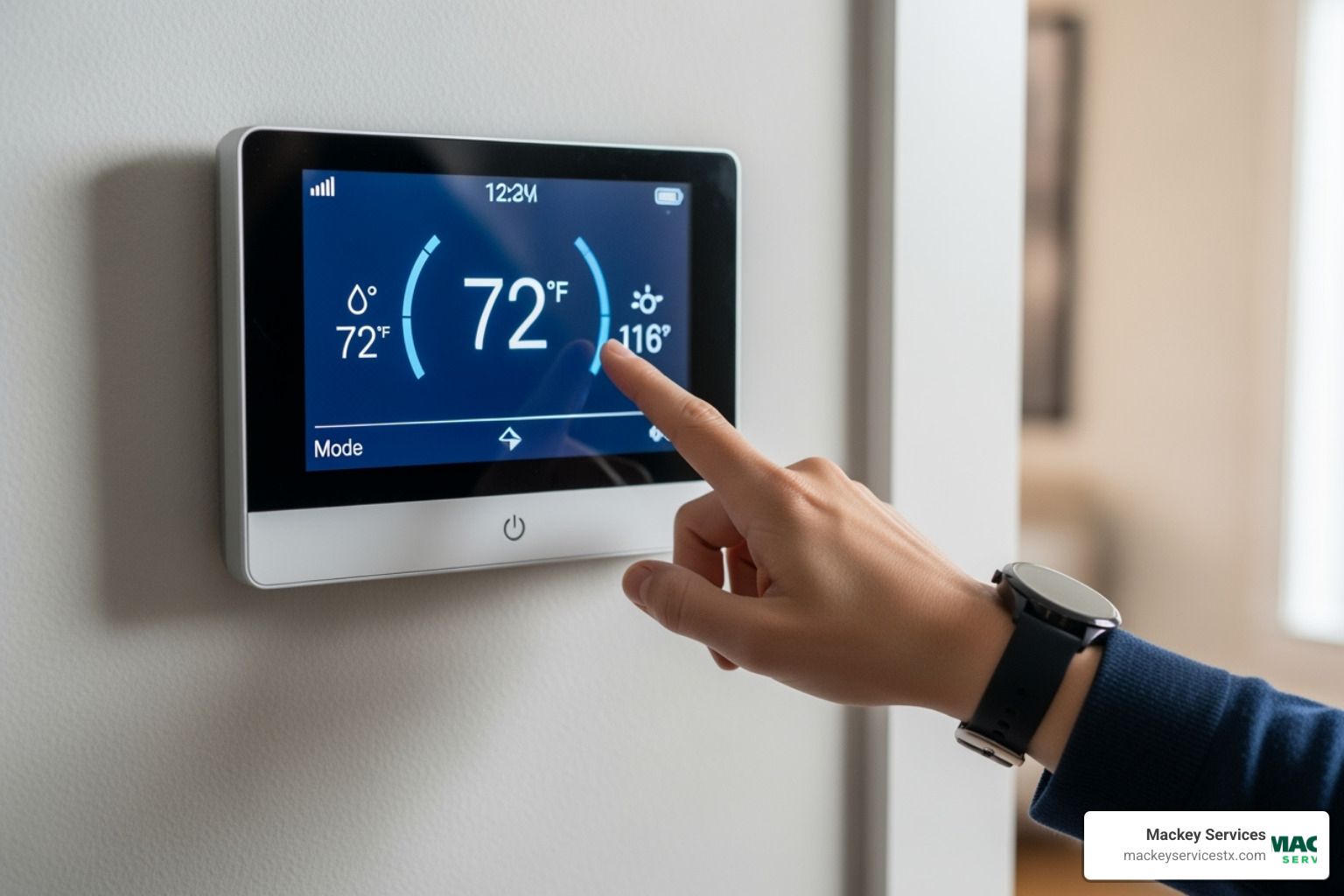 A person adjusting the settings on a wall-mounted digital thermostat - no heat from furnace repair texas city A person adjusting the settings on a wall-mounted digital thermostat - no heat from furnace repair texas city