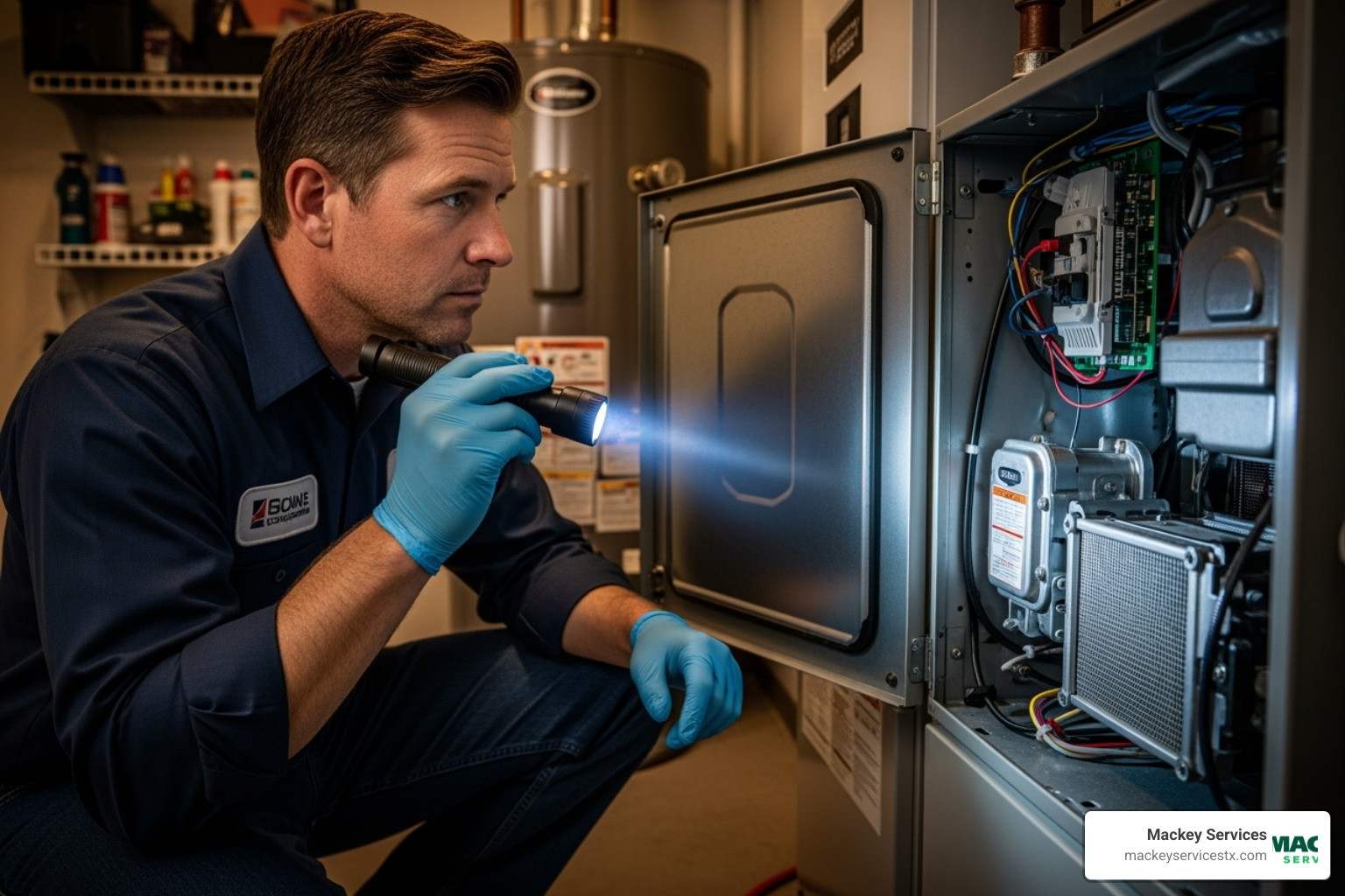An HVAC technician wearing gloves and using a flashlight to inspect the interior components of a residential furnace - no heat from furnace repair texas city An HVAC technician wearing gloves and using a flashlight to inspect the interior components of a residential furnace - no heat from furnace repair texas city