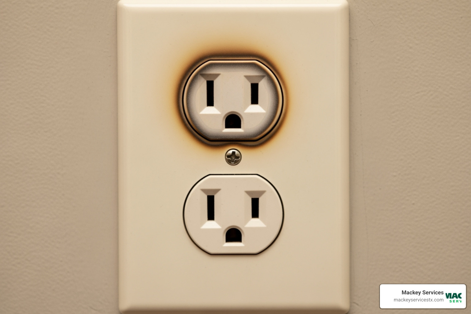 An image of a discolored, warm electrical outlet with a faint scorch mark around one of the receptacles, indicating overheating and potential fire hazard. - electrical repair houston tx An image of a discolored, warm electrical outlet with a faint scorch mark around one of the receptacles, indicating overheating and potential fire hazard. - electrical repair houston tx