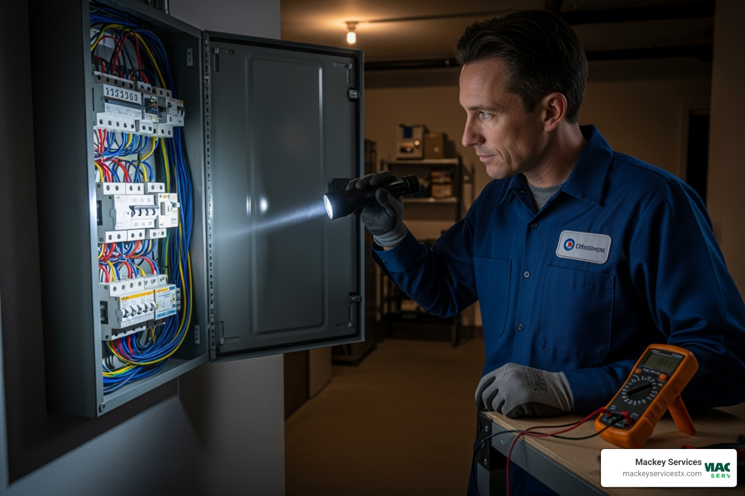 A professional electrician in a uniform is carefully inspecting an open electrical panel, using a flashlight to illuminate the wiring and components. - electrical repair houston tx A professional electrician in a uniform is carefully inspecting an open electrical panel, using a flashlight to illuminate the wiring and components. - electrical repair houston tx