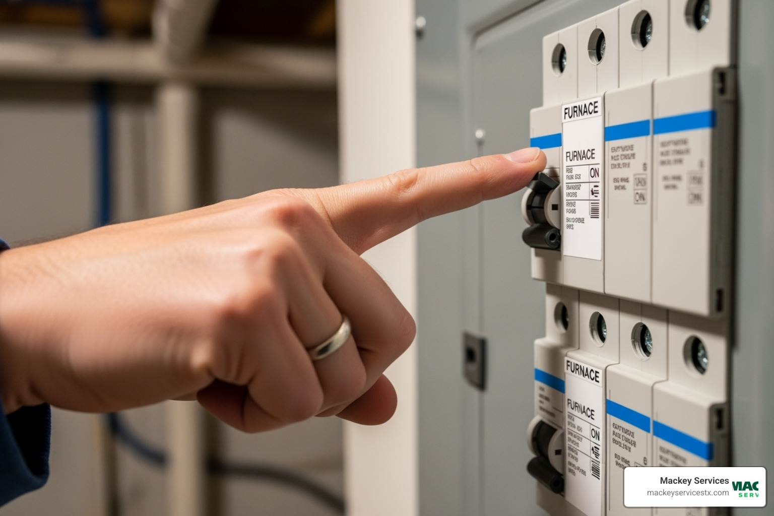 home electrical panel with finger pointing to furnace breaker - no heat from furnace contractor webster home electrical panel with finger pointing to furnace breaker - no heat from furnace contractor webster