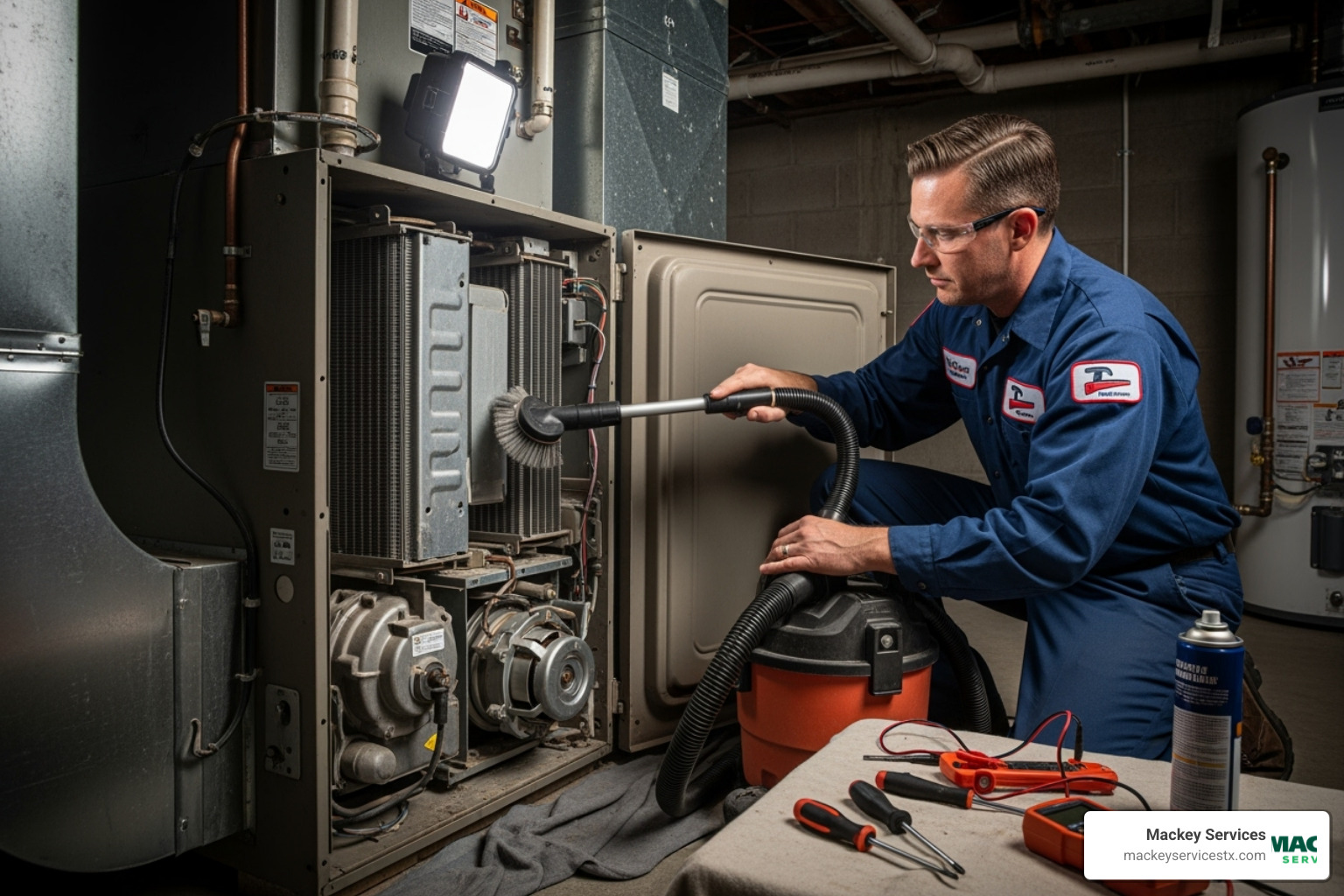 technician cleaning an internal furnace component - no heat from furnace contractor webster technician cleaning an internal furnace component - no heat from furnace contractor webster