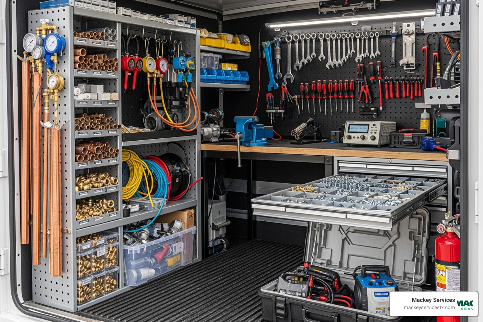well-stocked service truck with various parts visible - hvac same day service