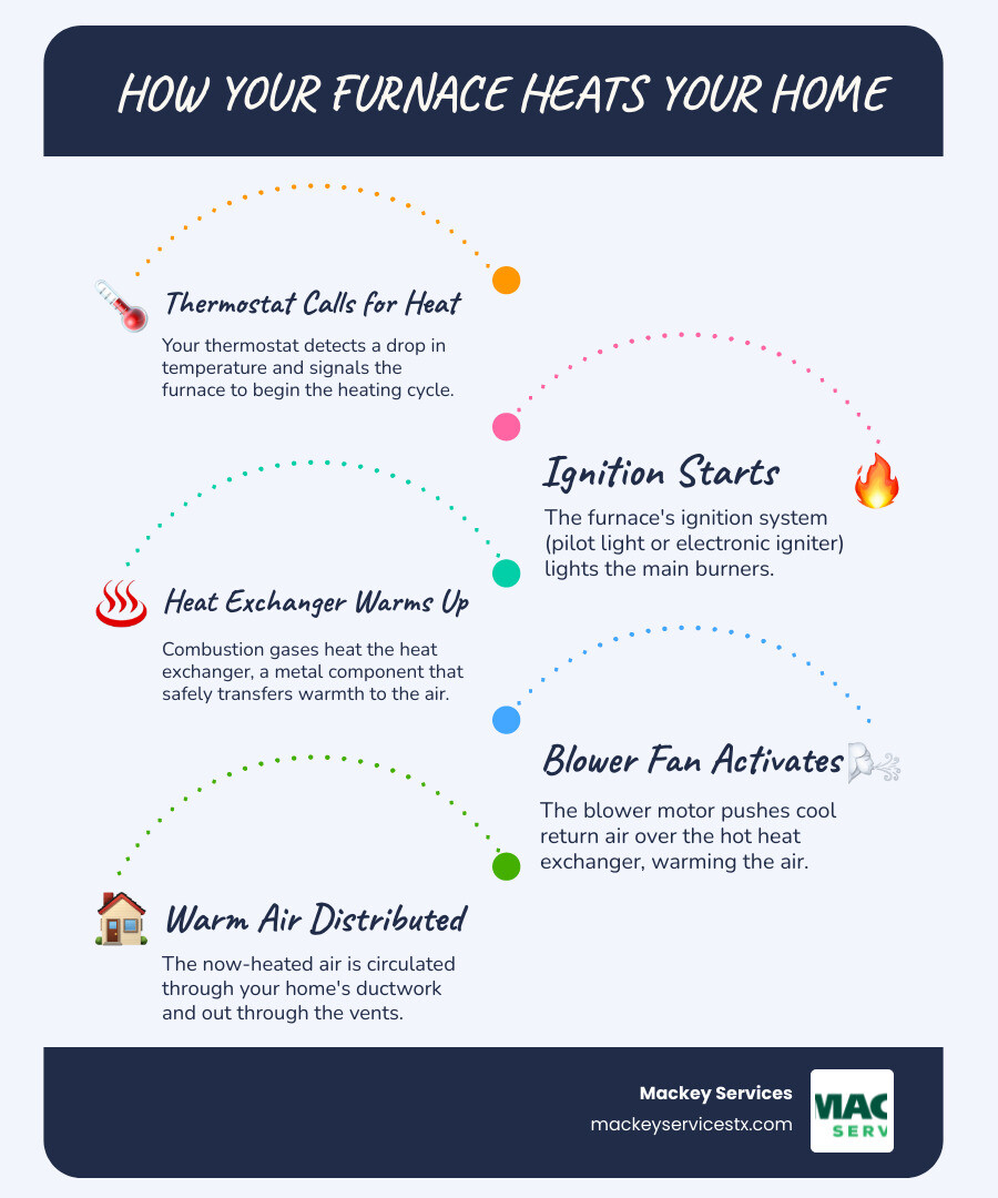 Infographic explaining the basic process of how a furnace heats a home - no heat from furnace pasadena infographic infographic-line-5-steps-blues-accent_colors