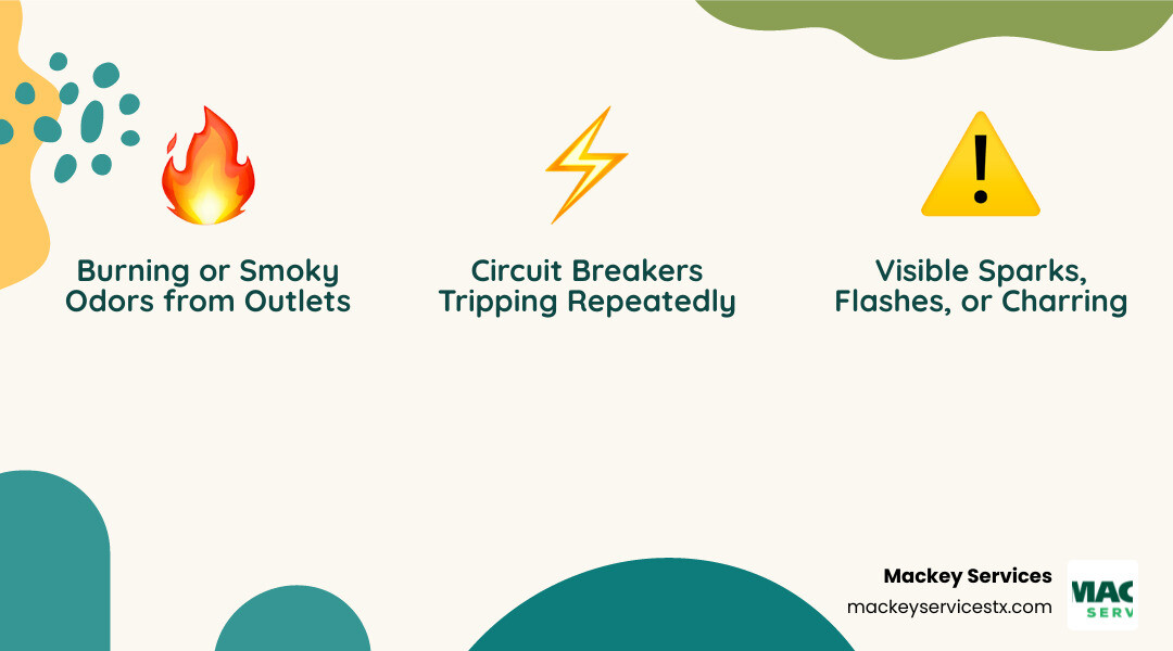 Infographic showing three critical electrical emergency warning signs: a burning smell icon with smoke, sparks shooting from an outlet, and a circuit breaker panel with multiple tripped switches highlighted in red - emergency electrical repair alvin infographic 3_facts_emoji_nature Infographic showing three critical electrical emergency warning signs: a burning smell icon with smoke, sparks shooting from an outlet, and a circuit breaker panel with multiple tripped switches highlighted in red - emergency electrical repair alvin infographic 3_facts_emoji_nature