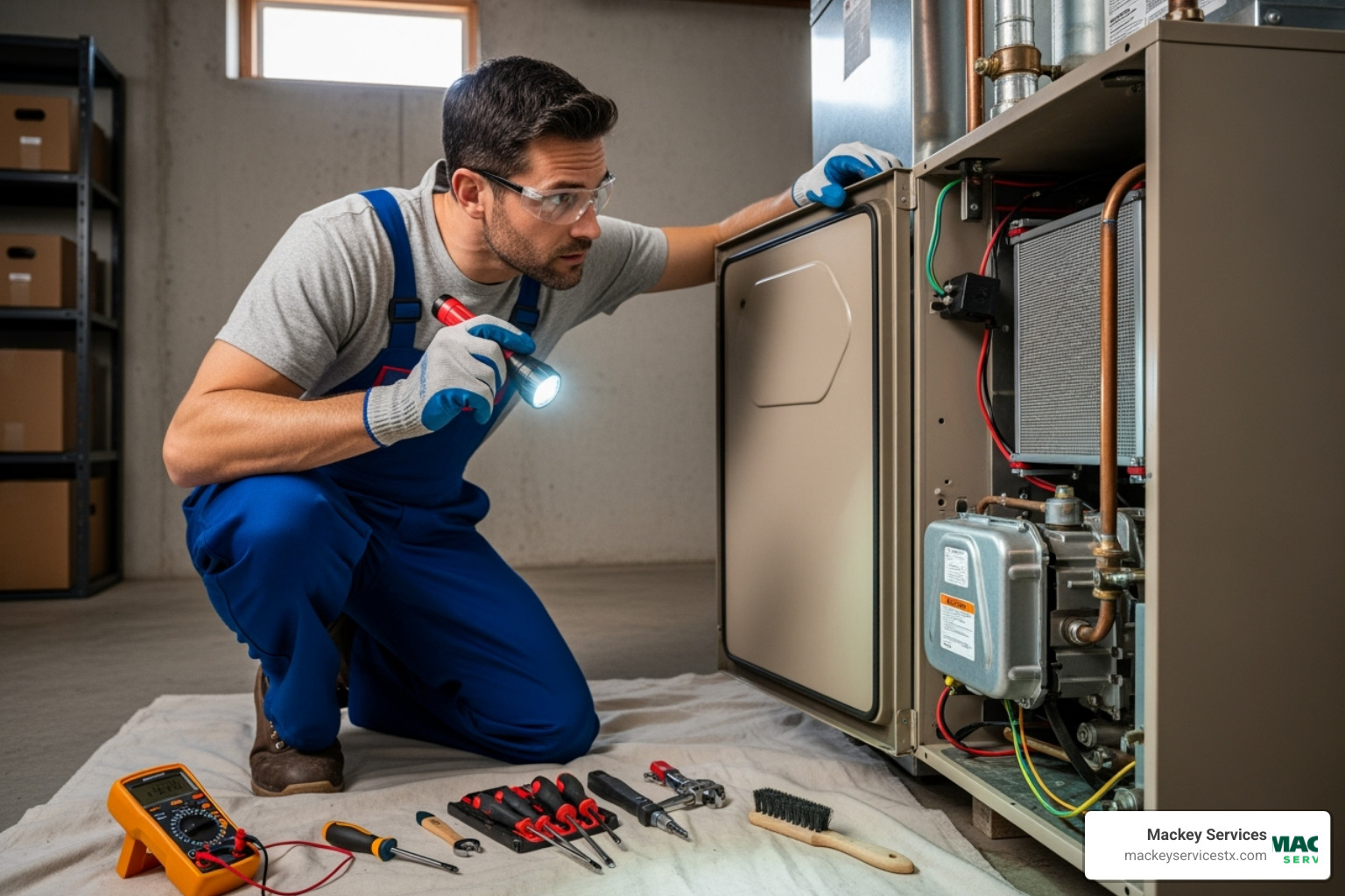 HVAC technician inspecting furnace inside - no heat from furnace pasadena