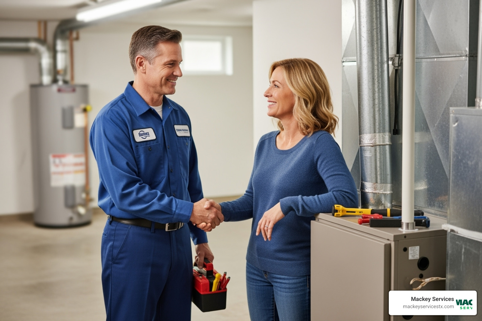HVAC technician smiling at homeowner after successful repair - no heat from furnace pasadena