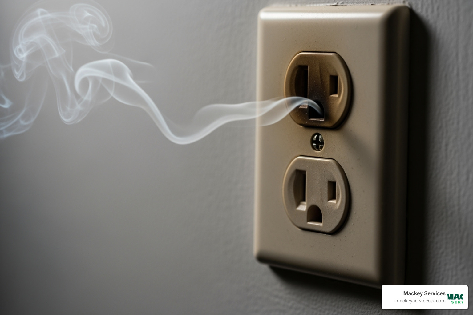 A wall outlet with smoke curling out of it, indicating an electrical fire hazard - emergency electrical repair alvin A wall outlet with smoke curling out of it, indicating an electrical fire hazard - emergency electrical repair alvin