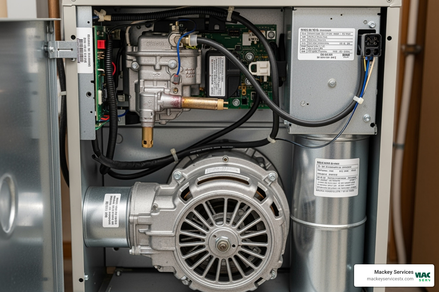 internal components of a furnace, highlighting the ignitor and blower motor - no heat from furnace repair seabrook