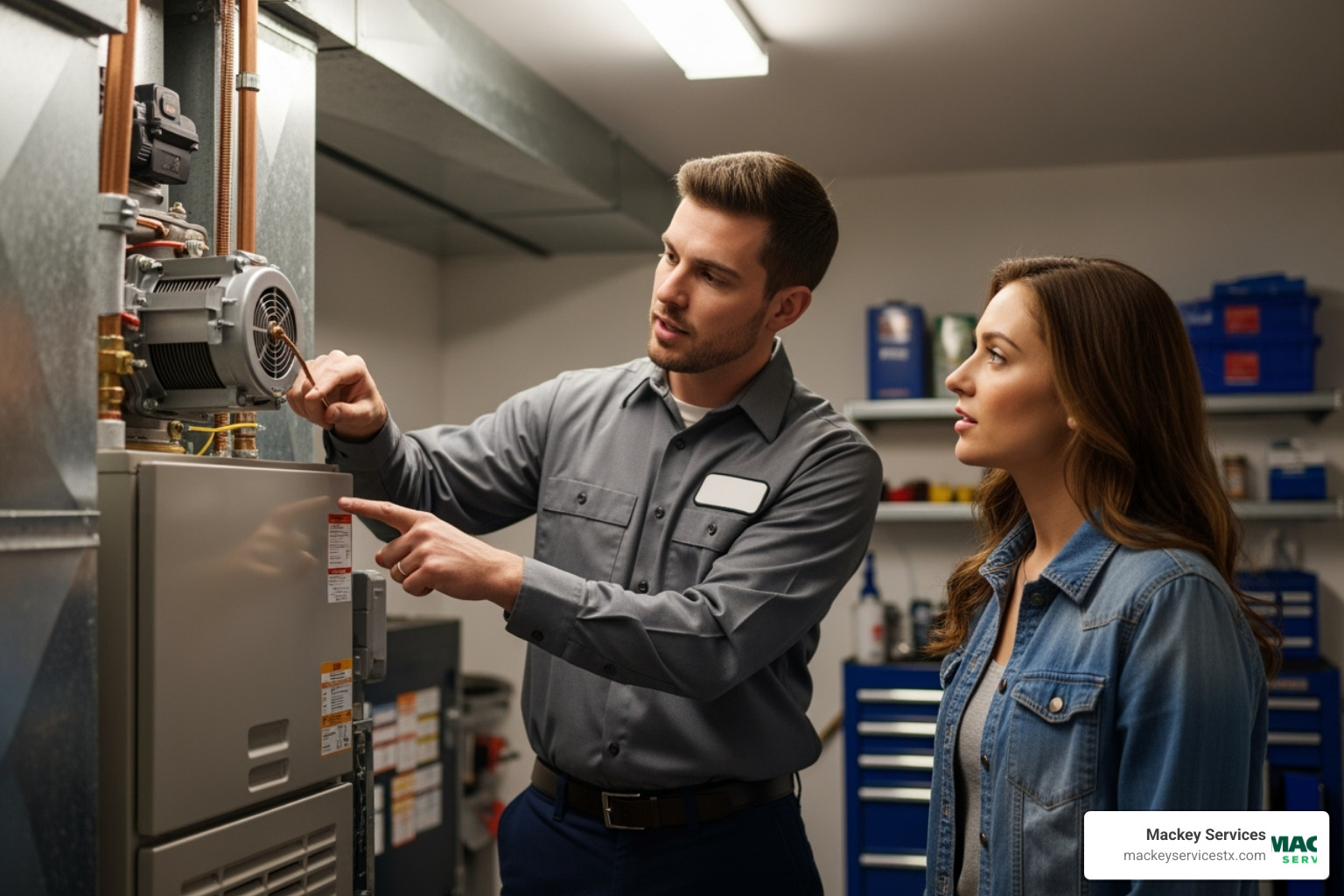 HVAC technician explaining furnace components to a homeowner - no heat from furnace repair seabrook