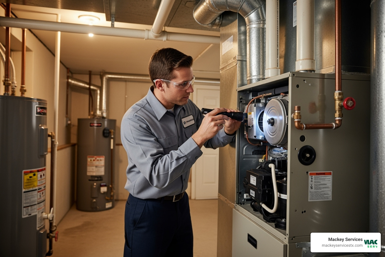 professional technician inspecting a furnace safely - no heat from furnace repair seabrook